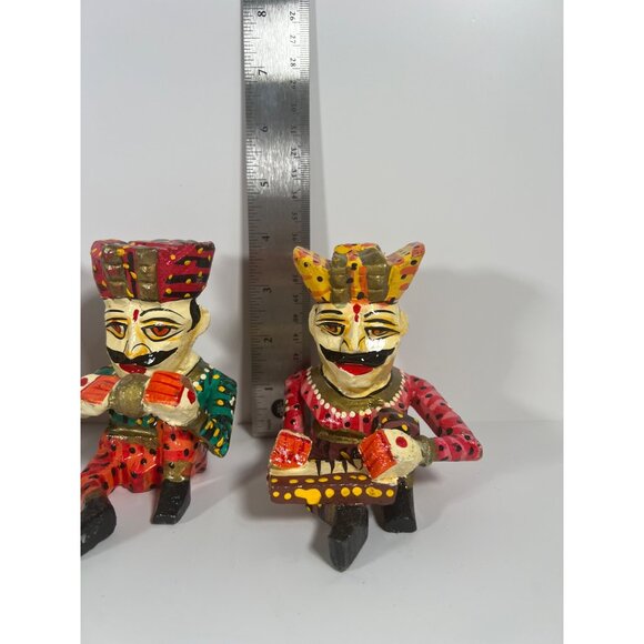 Set Of 3 Hand-Painted Carved Indian Raja Musician Figurines In Vibrant Colors Wo - Picture 8 of 10